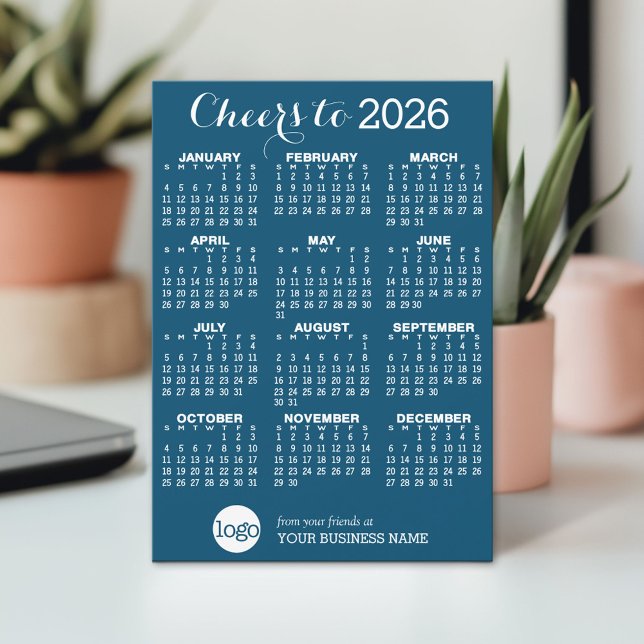Calendario, logotipo - tarjeta azul blanca de vaca (2026 Calendar on a Holiday Card)