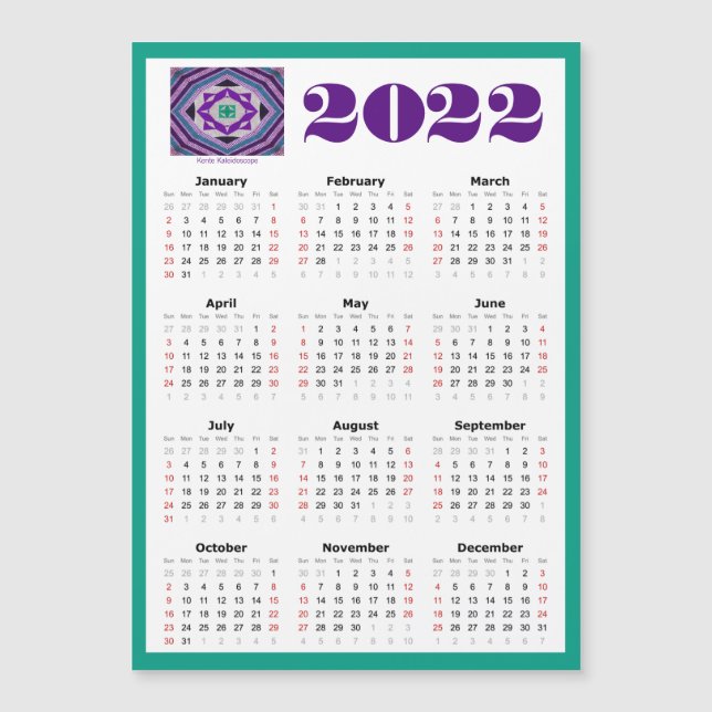 Calendario magnético 2022 5x7 con Kente Kaleidosco (Anverso)