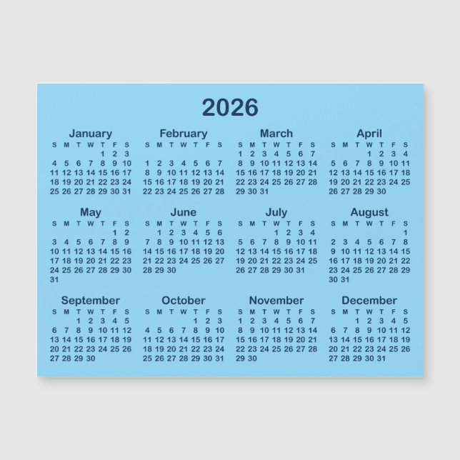 Calendario Magnético 2026 Azul Claro y Marino (Anverso)