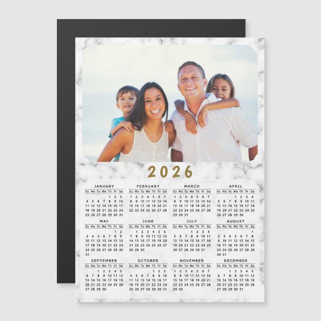 Calendario magnético 2026 Marble blanco tu foto (Anverso/Reverso)