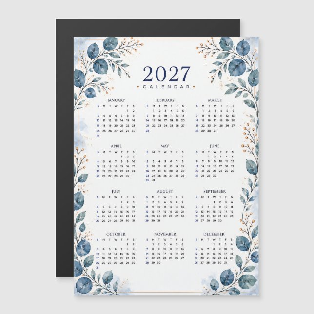 Calendario Magnético Azul Verde Eucalipto 2027 (Anverso/Reverso)