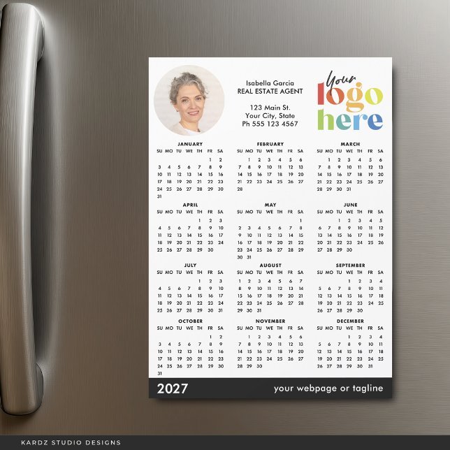 Calendario Magnético Básico Moderno de Foto Logo 2 (Add your own photo, Name, Contact Information and business logo to this calendar card)