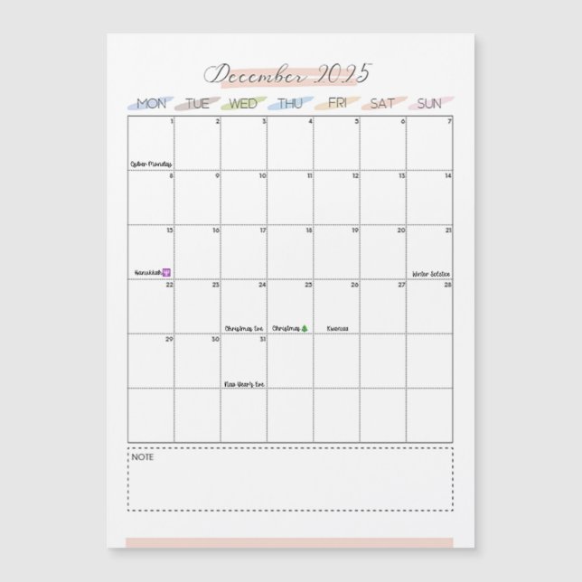 Calendario magnético de diciembre de 2025 (Anverso)