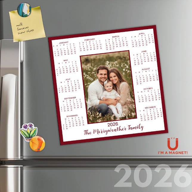 Calendario magnético de fotos de borgoña de 2026 (2026 Burgundy Maroon Photo Magnetic Calendar)