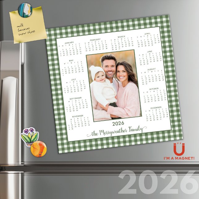 Calendario magnético de fotos de Gingham verde Rús (2026 Rustic Sage Green Gingham Photo Magnetic Calendar #cottagecore)