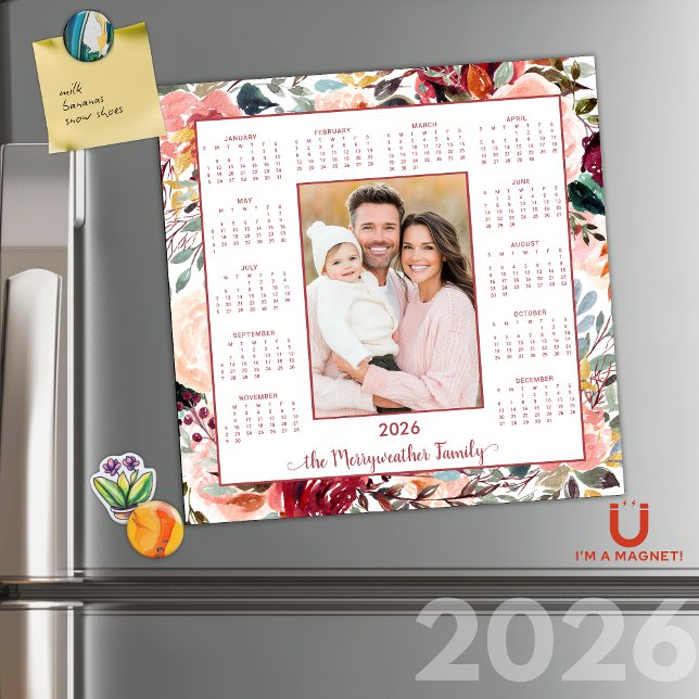 Calendario magnético de fotos florales de Rubor 20 (2026 Elegant Blush Floral Photo Magnetic Calendar)