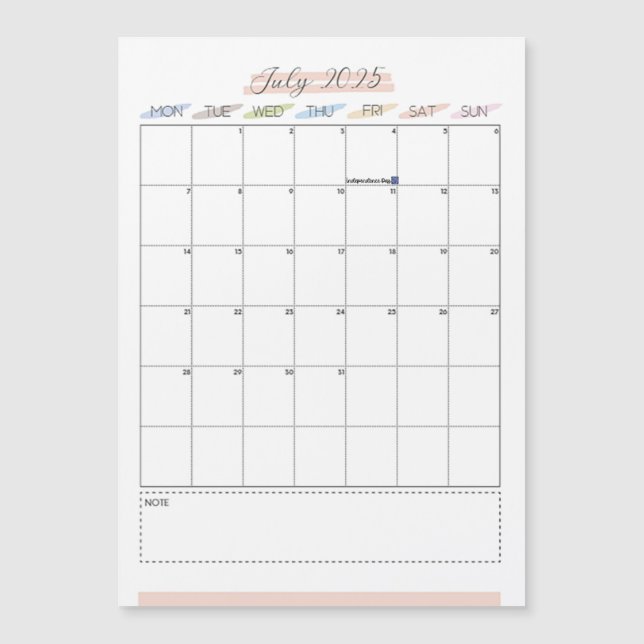 Calendario magnético de julio de 2025 (Anverso)