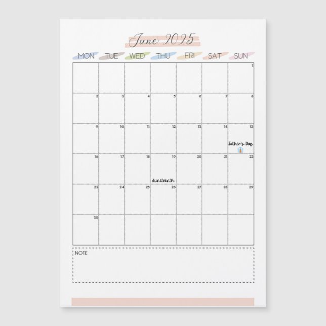 Calendario magnético de junio de 2025 (Anverso)