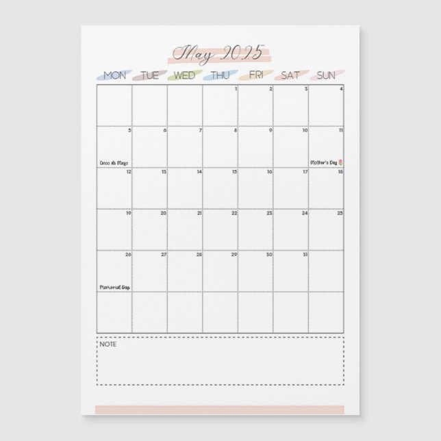 Calendario magnético de mayo de 2025 (Anverso)