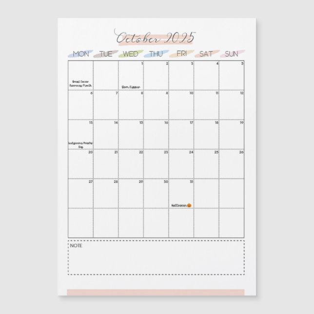 Calendario magnético de octubre de 2025 (Anverso)