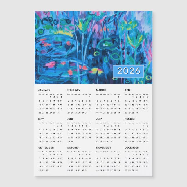 Calendario magnético de resumen floral azul 2026 (Anverso)