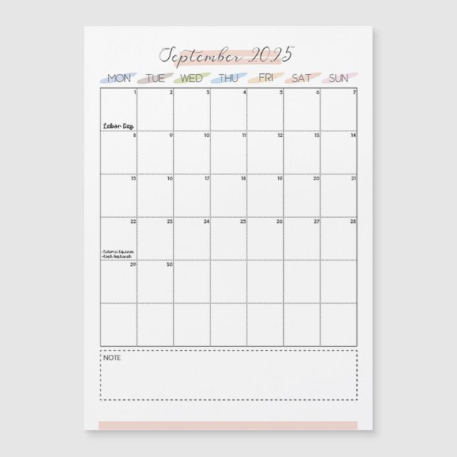 Calendario magnético de septiembre de 2025 (Anverso)