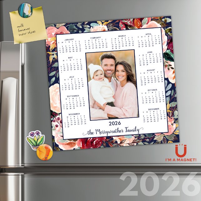 Calendario Magnético Elegante Floral Azul Fotos 20 (2026 Elegant Blue Floral Photo Magnetic Calendar)