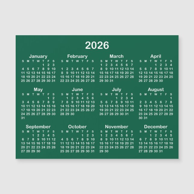 Calendario magnético Hunter Green y White 2026 (Anverso)
