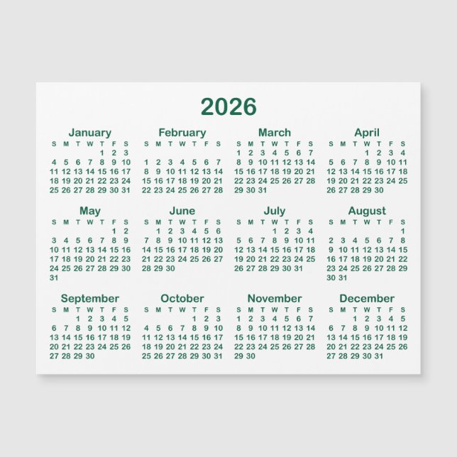 Calendario magnético minimalista Hunter Green 2026 (Anverso)