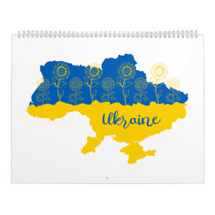 Calendario Mapa de Ucrania con girasol y bandera ucraniana