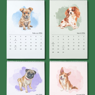 Calendario mensual de perros adorables pintados a 