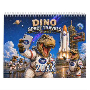 Calendario mensual divertido de astronautas dinosa