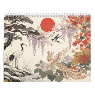 Calendario mensual japonés Hanafuda de pájaros y f