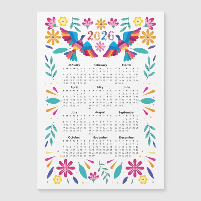 Calendario Mexicano 2026 Flores y aves otomíes vol (Anverso)