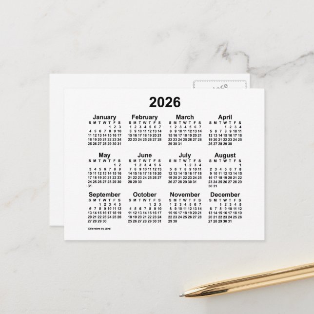 Calendario Mini Blanco 2026 de Janz Tarjeta postal (Anverso/Reverso In Situ)