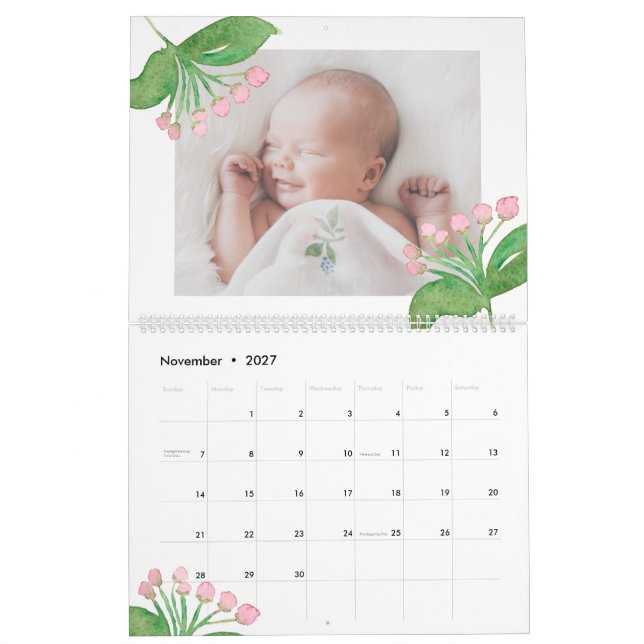 Calendario Moda acuarela Floral editable año foto (Nov 2027)