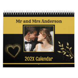 Calendario Modern Cute Couple Photo Mr & Mrs Black and Gold