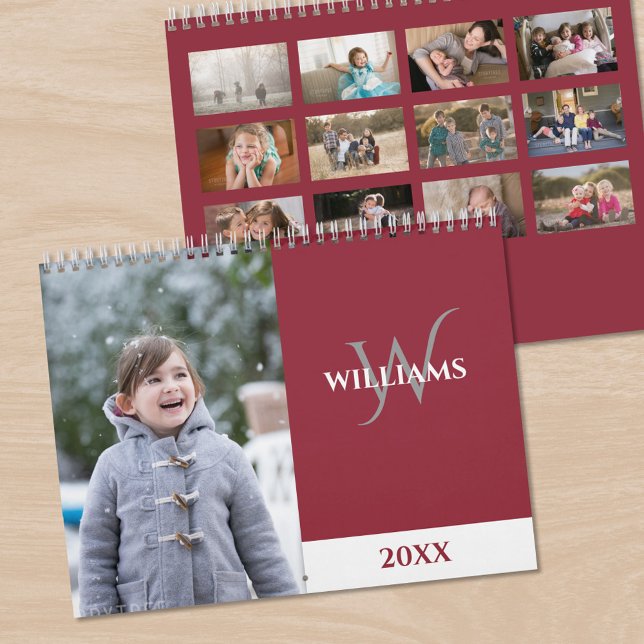 Calendario Modern Monogram Burgundy Red Photo (Modern Monogram Burgundy Red Photo Calendar, front/back)
