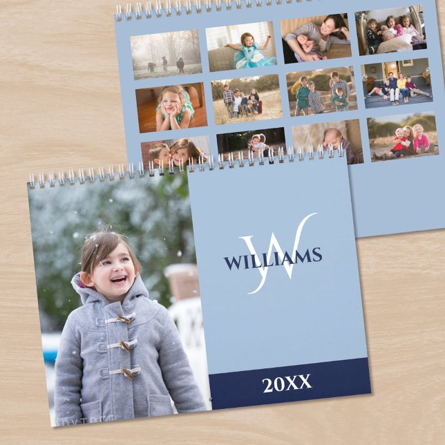 Calendario Modern Monogram Light Blue Photo (Modern Monogram Light Blue Photo Calendar, front/back)