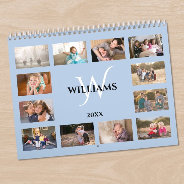 Calendario Modern Monogram Name Light Blue Custom Photo (Modern Monogram Name Light Blue Custom Photo Calendar in situ)