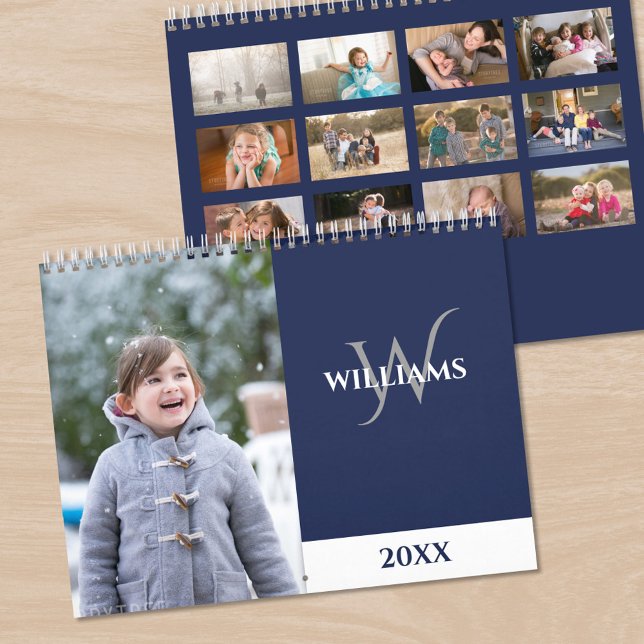 Calendario Modern Monogram Navy Blue Photo (Modern Monogram Navy Blue Photo Calendar, front/back)