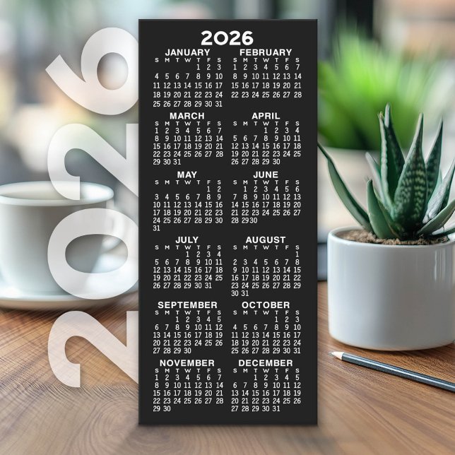 Calendario - Moderna Tarjeta blanca de color negro (2026 Calendar on Cardstock - Simple, Minimal Design)