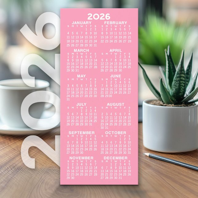 Calendario - Moderna Tarjeta blanca de color rosa- (2026 Calendar on Cardstock - Simple, Minimal Design)