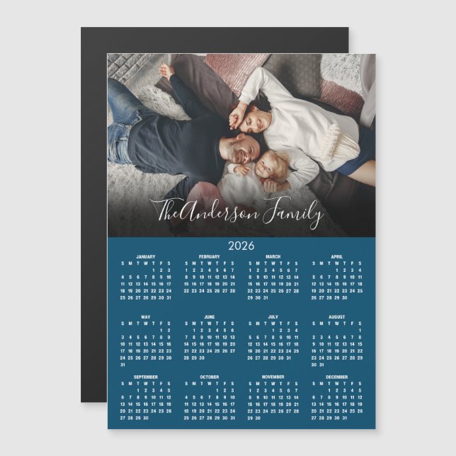 Calendario moderno 2026 Foto familiar Imán azul (Anverso/Reverso)