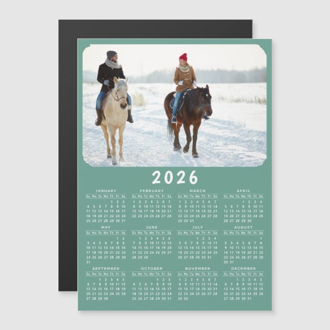Calendario moderno de fotos magnéticas 2026 Verde  (Anverso/Reverso)