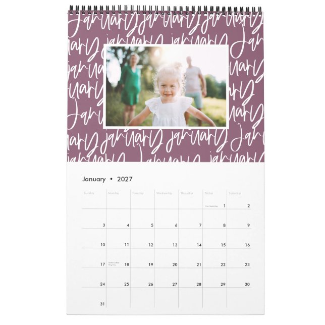 Calendario moderno de guiones de foto para plumas  (Jan 2027)
