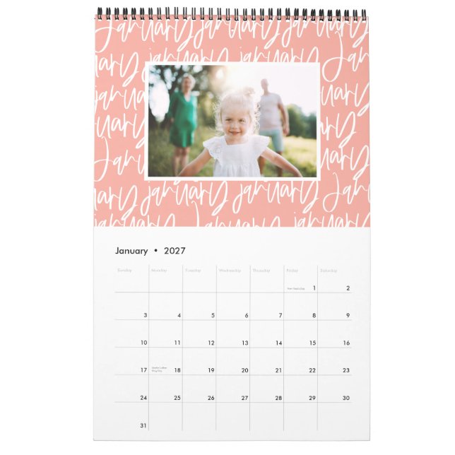 Calendario moderno de guiones de foto para plumas  (Jan 2027)
