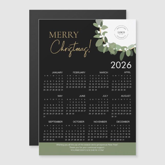 Calendario moderno de Navidad 2026 en negro y dora (Anverso/Reverso)