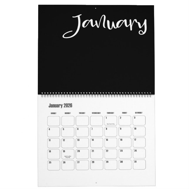 Calendario moderno en blanco y negro (Jan 2026)