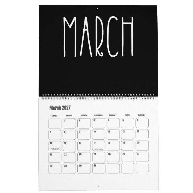 Calendario moderno en blanco y negro (Mar 2027)