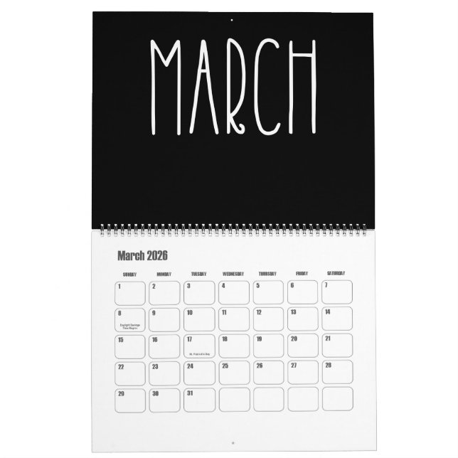Calendario moderno en blanco y negro (Mar 2026)