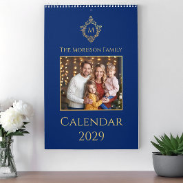 Calendario Monogram & Crest Royal Blue Faux Gold Family Photo