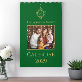 Calendario Monogram in Crest Green Gold Family Photo Elegant 