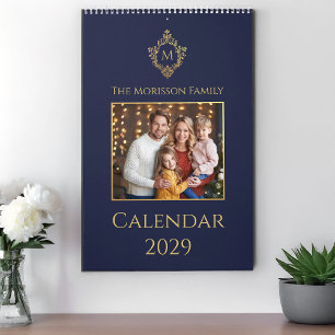 Calendario Monograma en Azul Marino y Dorado de la Cresta Fot