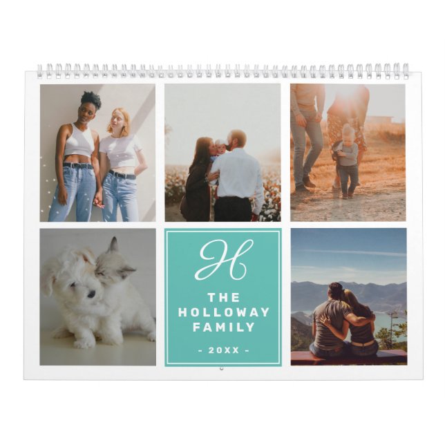 Calendario Monograma familiar moderno verde azulado collage d (Tapa)
