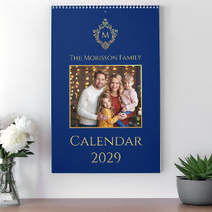 Calendario Monograma y Escudo Azul Real Dorado Falso Foto Fam