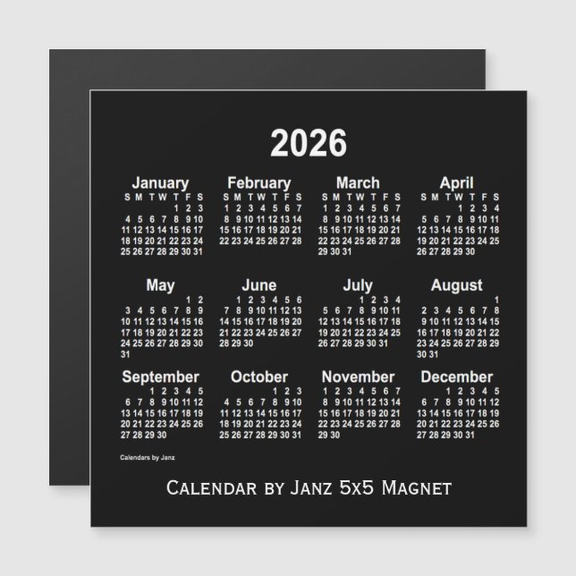 Calendario Neon Blanco 2026 de Janz 5x5 Magnet (Anverso/Reverso)