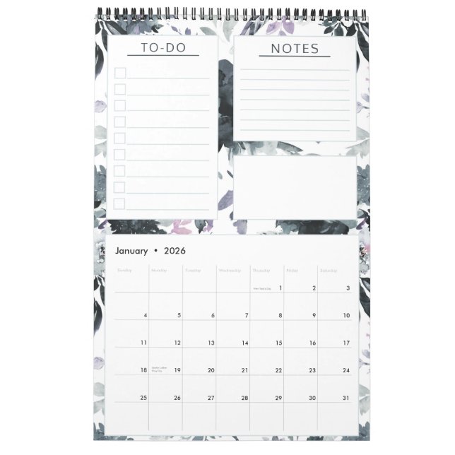 Calendario Noctural Floral Watercolor Anual Planeado Mensual (Jan 2026)