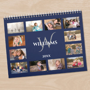 Calendario Nombre de monograma personalizado Foto Azul Marino