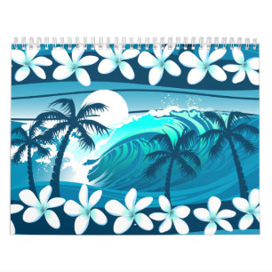 Calendario Ola de surf tropical con palmeras